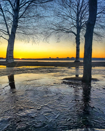 Sunset at lake with trees and frozen ground, Kempenfelt Bay