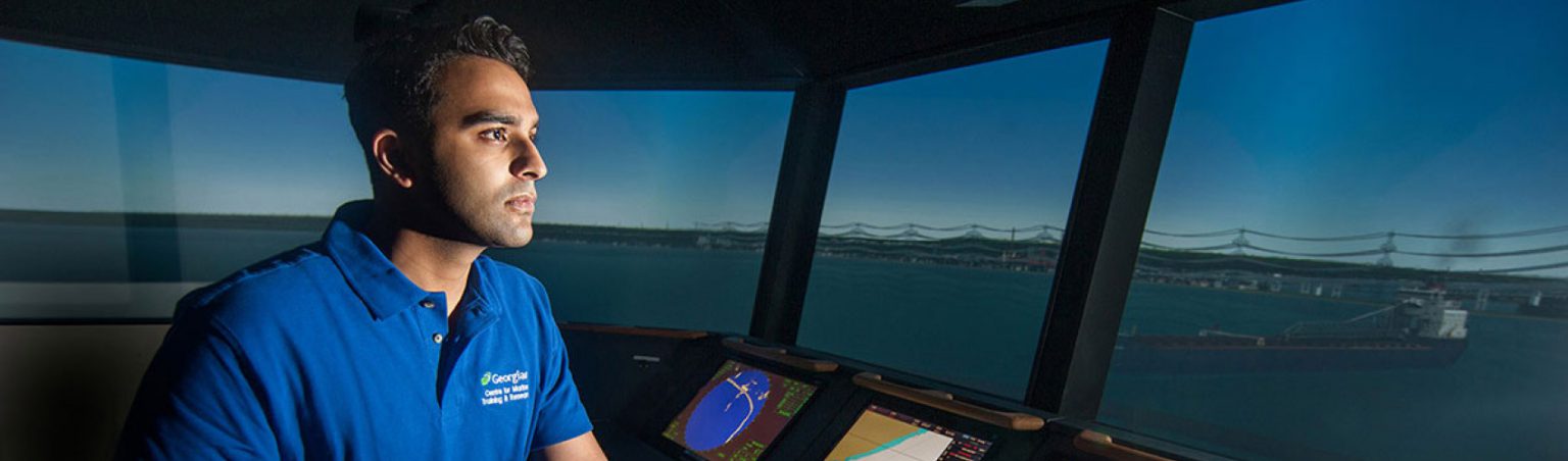 Marine Technology - Navigation student using a marine simulator at Georgian College's Centre for Marine Training and Research