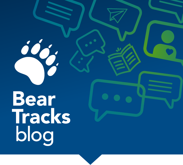 Bear Tracks blog wordmark, featuring a bear paw with claws and category icons in speech bubbles