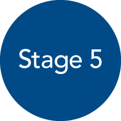 Navy blue circular icon with white text "Stage 5"