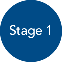 Navy blue circular icon with white text "Stage 1"