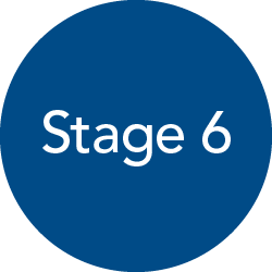 Navy blue circular icon with white text "Stage 6"