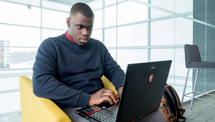 person sitting on a yellow lounge chair while using a laptop