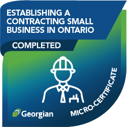 Establishing a Contracting Small Business in Ontario: Completed micro-certificate badge, featuring an icon of a construction contractor in a tie and hard hat