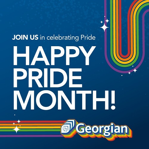 Pride month graphic with colourful/rainbow Georgian logo and copy JOIN US in celebrating Pride HAPPY PRIDE MONTH!