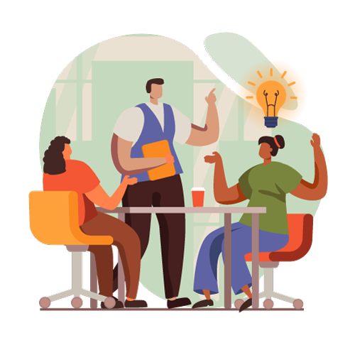 Graphic of three people sitting around a table. one person has a light bulb above their head indicating an idea, another person points at it with approval.