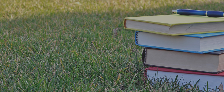 Textbooks stacked in a pile in a field