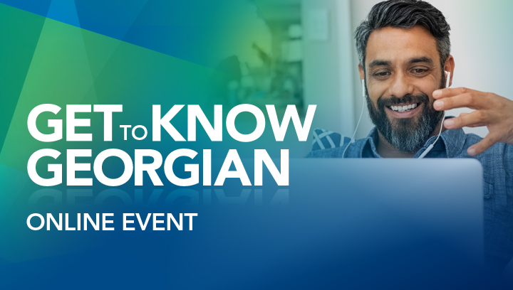 Get to Know Georgian online event featuring a person smiling and wearing headphones and looking at a laptop
