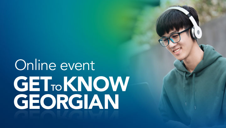 Online event | GET TO KNOW GEORGIAN (featuring a person with blue-framed glasses wearing a white headset and forest green hoodie using a laptop