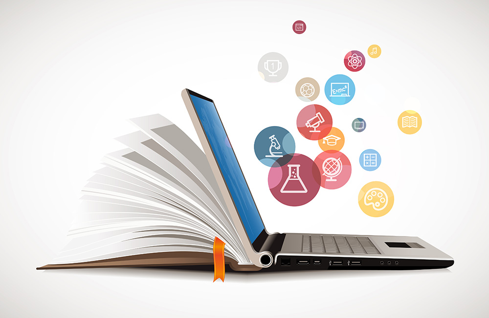 computer and book with icons representing research and ideas