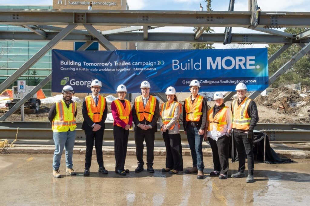 Bishoy Abdalla, project manager, operations, Matheson Constructors; Fabrizio Bozzo, representing Sirco Machinery and the Gene Haas Foundation; Kimberley Greenwood, chair, Board of Governors, Georgian College; Kevin Weaver, president and CEO, Georgian College; Jennifer Coughlin, deputy warden, County of Simcoe; Andy Jiang, Schulich Builder Scholarship for Skilled Trades recipient and Heating, Refrigeration and Air Conditioning (HRAC) Technician student; Annette Atkinson, Schulich Builder Scholarship for Skilled Trades recipient and Cabinetmaking Techniques student; and Derek Keller, senior manager, project delivery, Facilities Management, Georgian College.