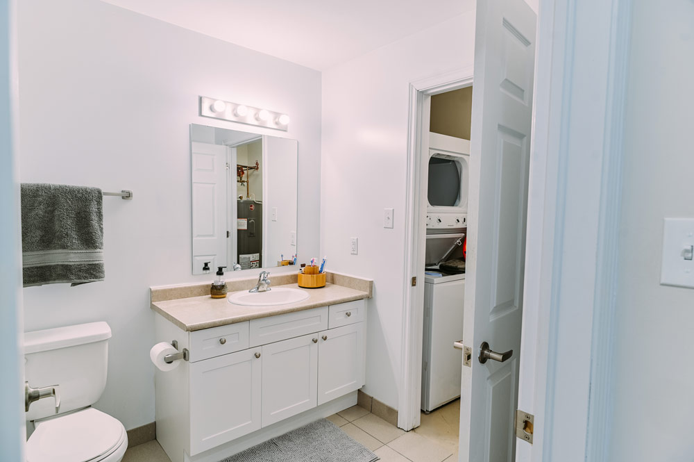 Bathroom area and ensuite laundry facilities at the Georgian College Orillia Residence