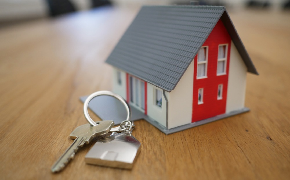 key on a key ring with a key chain that is the 3D model of a white and red house with a grey roof