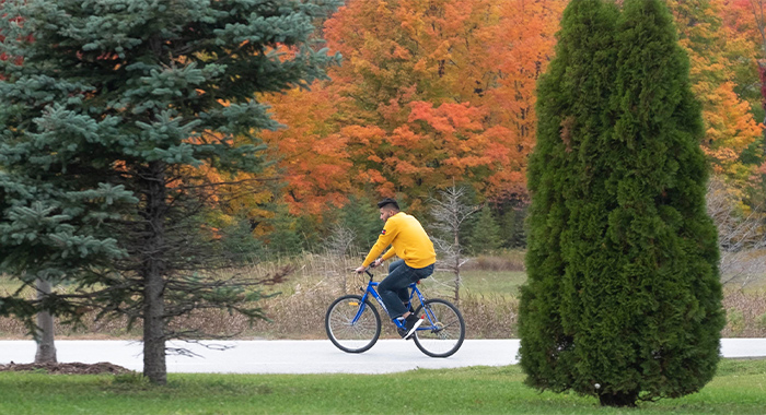 a male student riding a blue bicycle on a path surrounded by trees