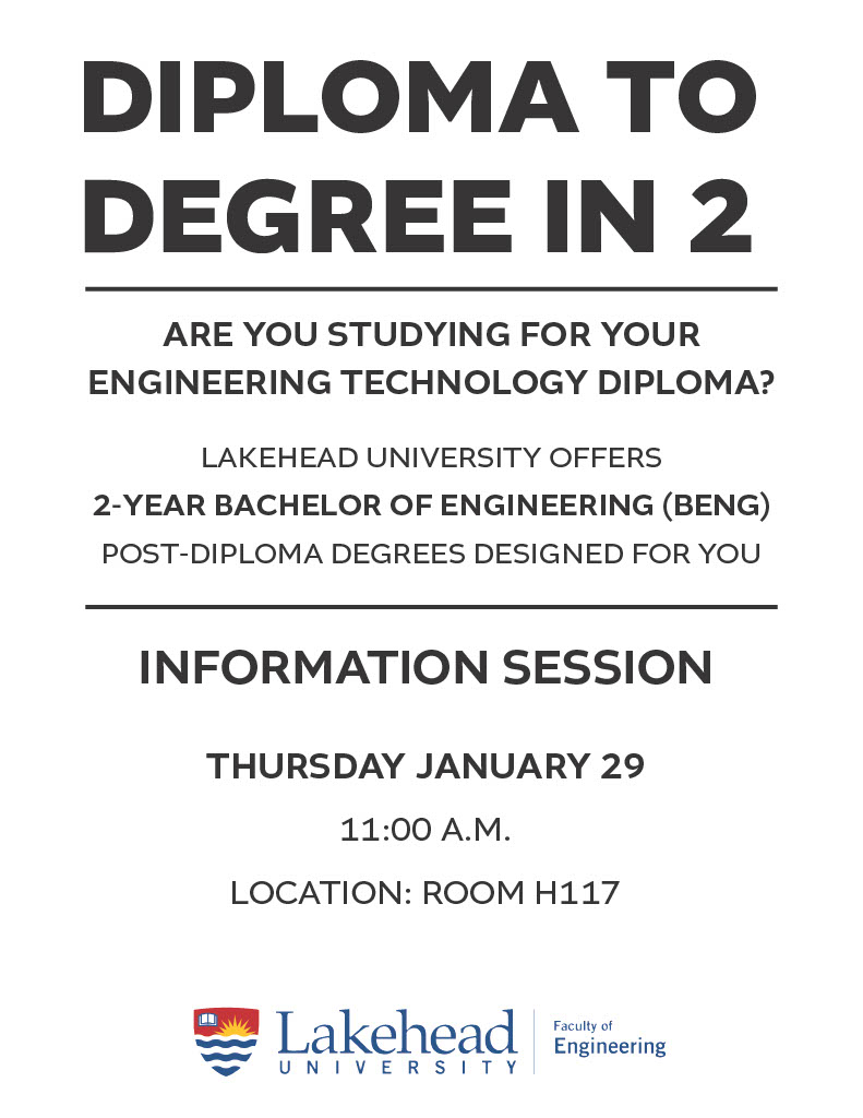 LakeheadU info session to Engineering Technology students - Jan. 29, H117, 11 a.m. 