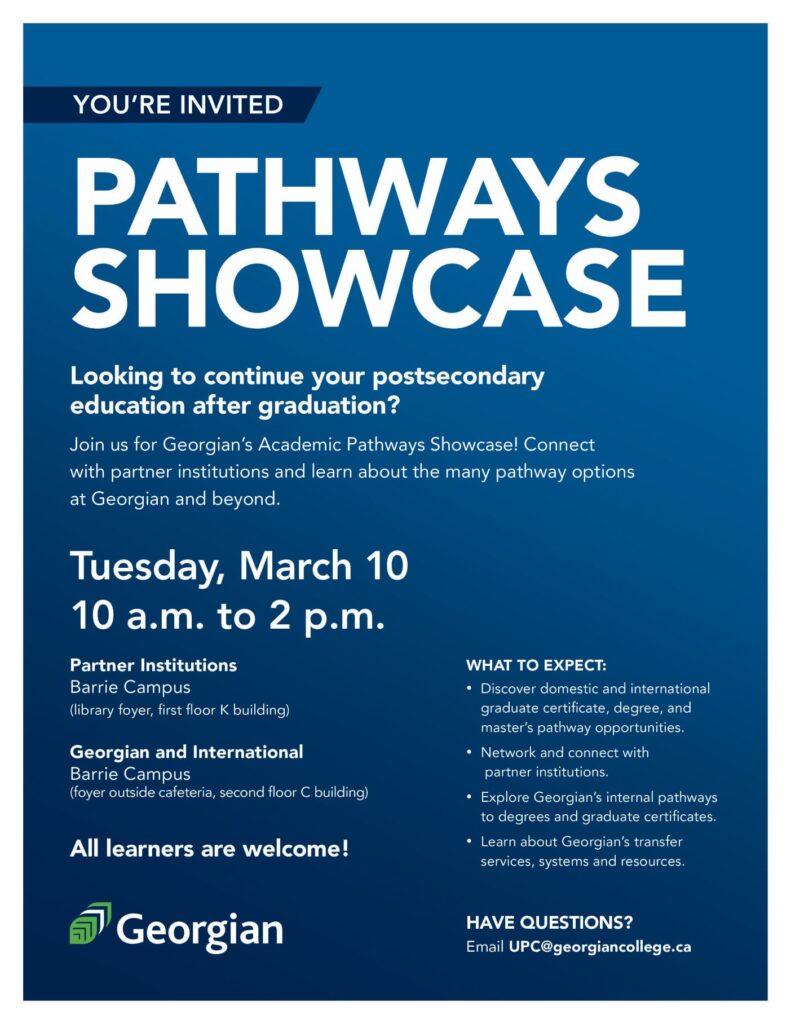 Join us for Georgian's Academic Pathways Showcase on Tues. March 10 from 10 a.m. to 2 p.m.