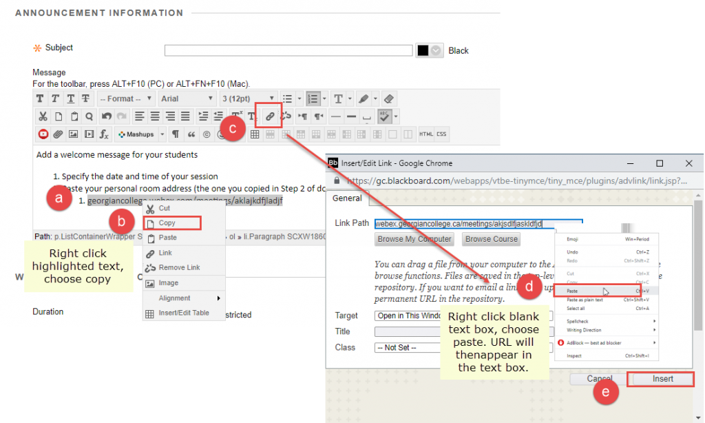 image of screen to create an announcement in Bb and link to your recorded sessions